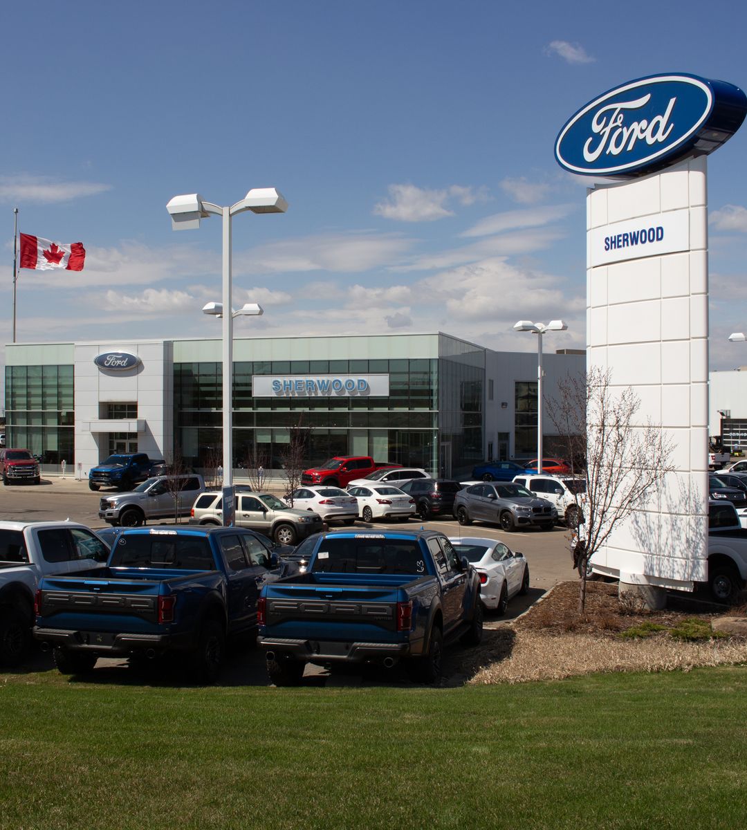 The Sherwood Ford dealership in Sherwood Park, with the Ford pylon sign out front