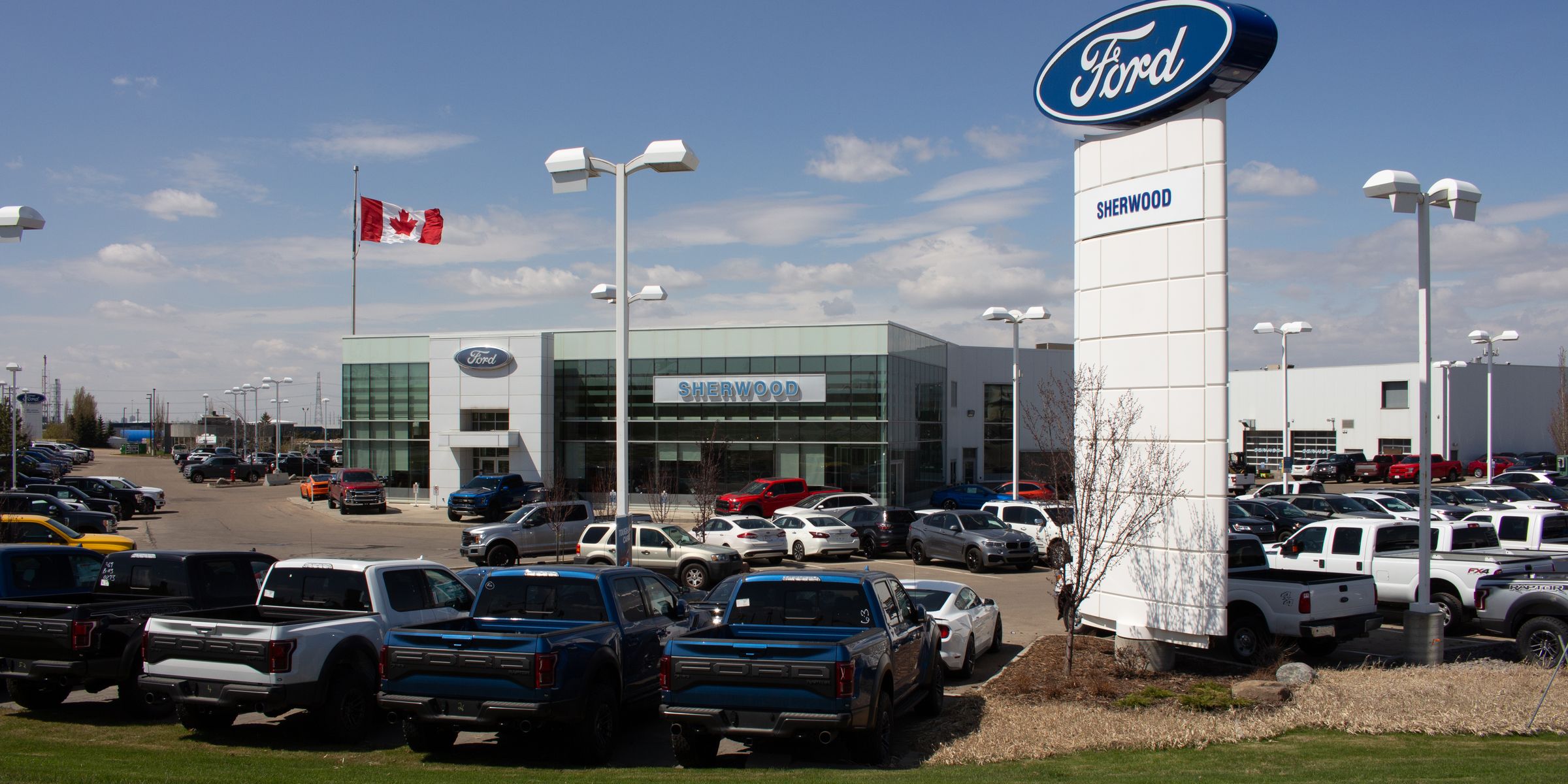 The Sherwood Ford dealership in Sherwood Park, with the Ford pylon sign out front
